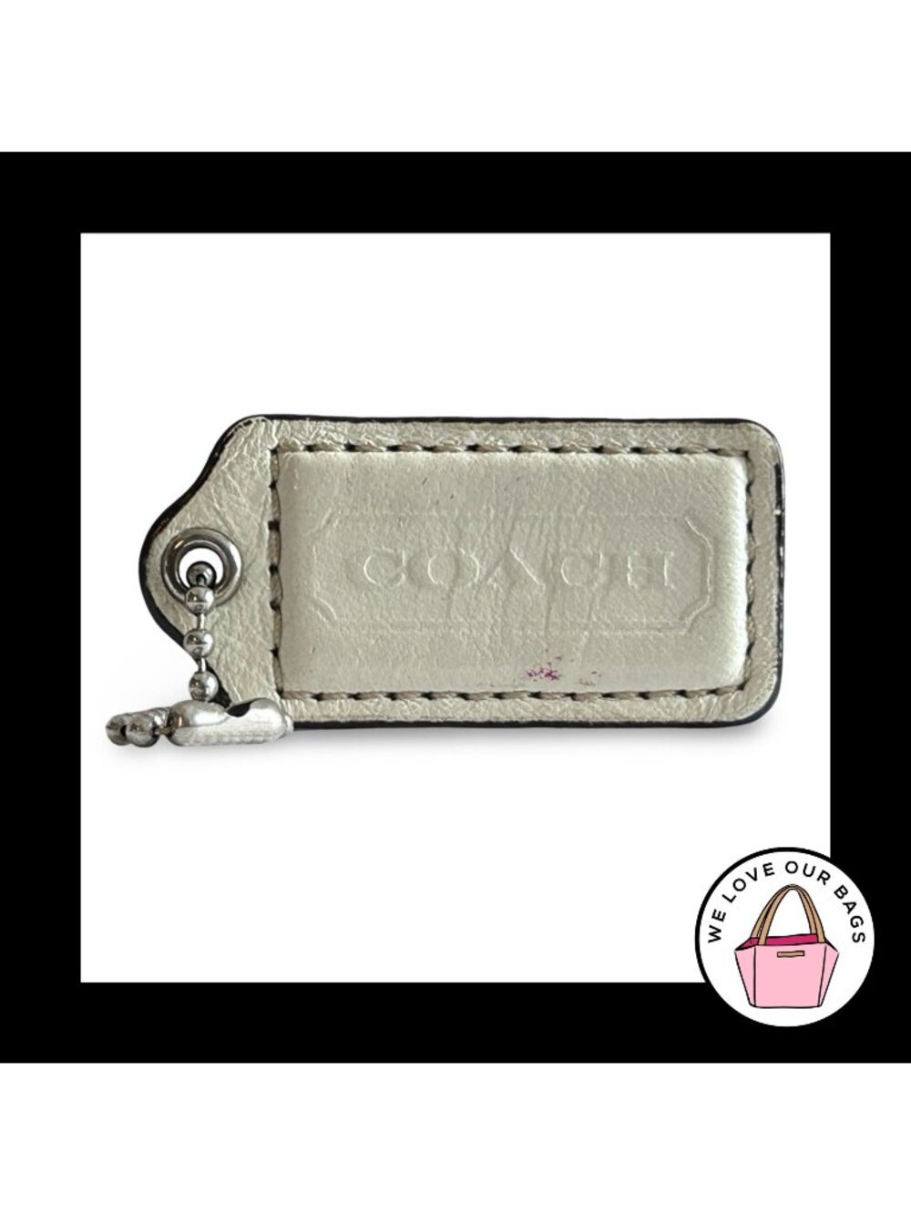 COACH HANG TAG 2" Bone Off White Leather Bag Charm Keychain Fob Nickel Medium
